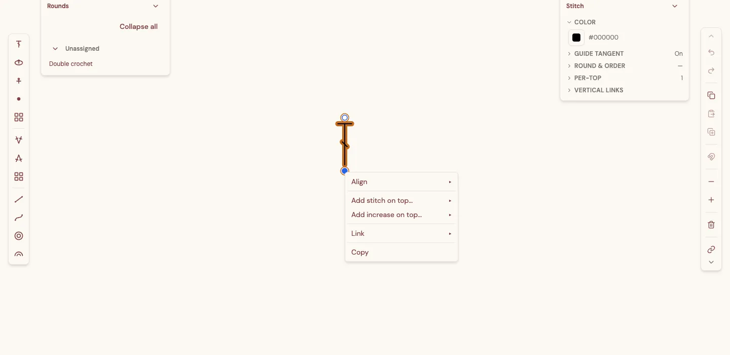 The right-click menu on a selected stitch, showing “Add stitch on top…” and “Add increase on top…”.