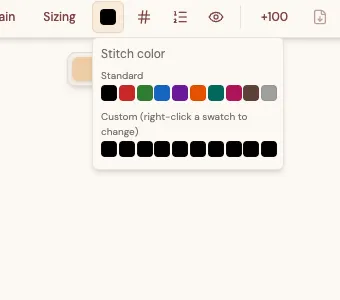 The stitch color picker, with a row of standard swatches above a row of custom swatches.