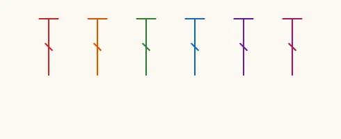 A row of double crochets in red, orange, green, blue, purple, and pink.