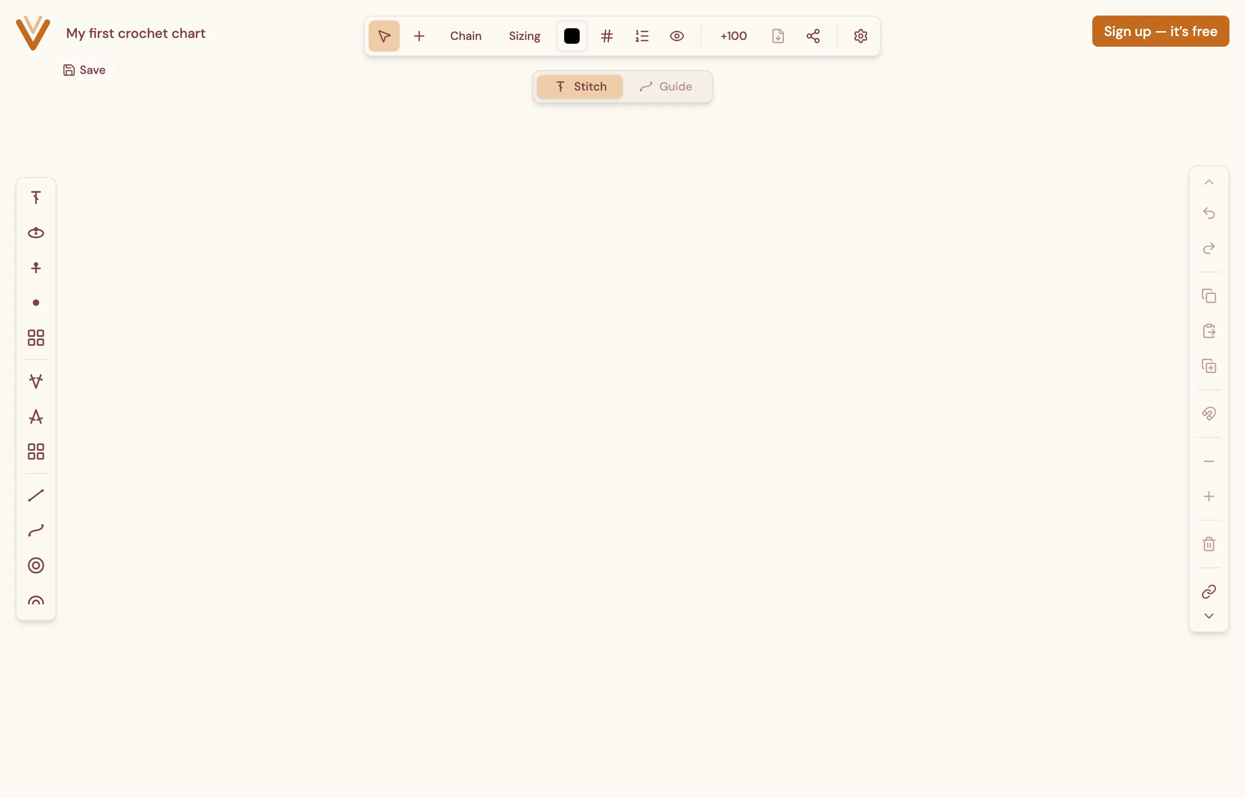 The crochet diagram editor with the stitch rail on the left and the toolbar across the top.