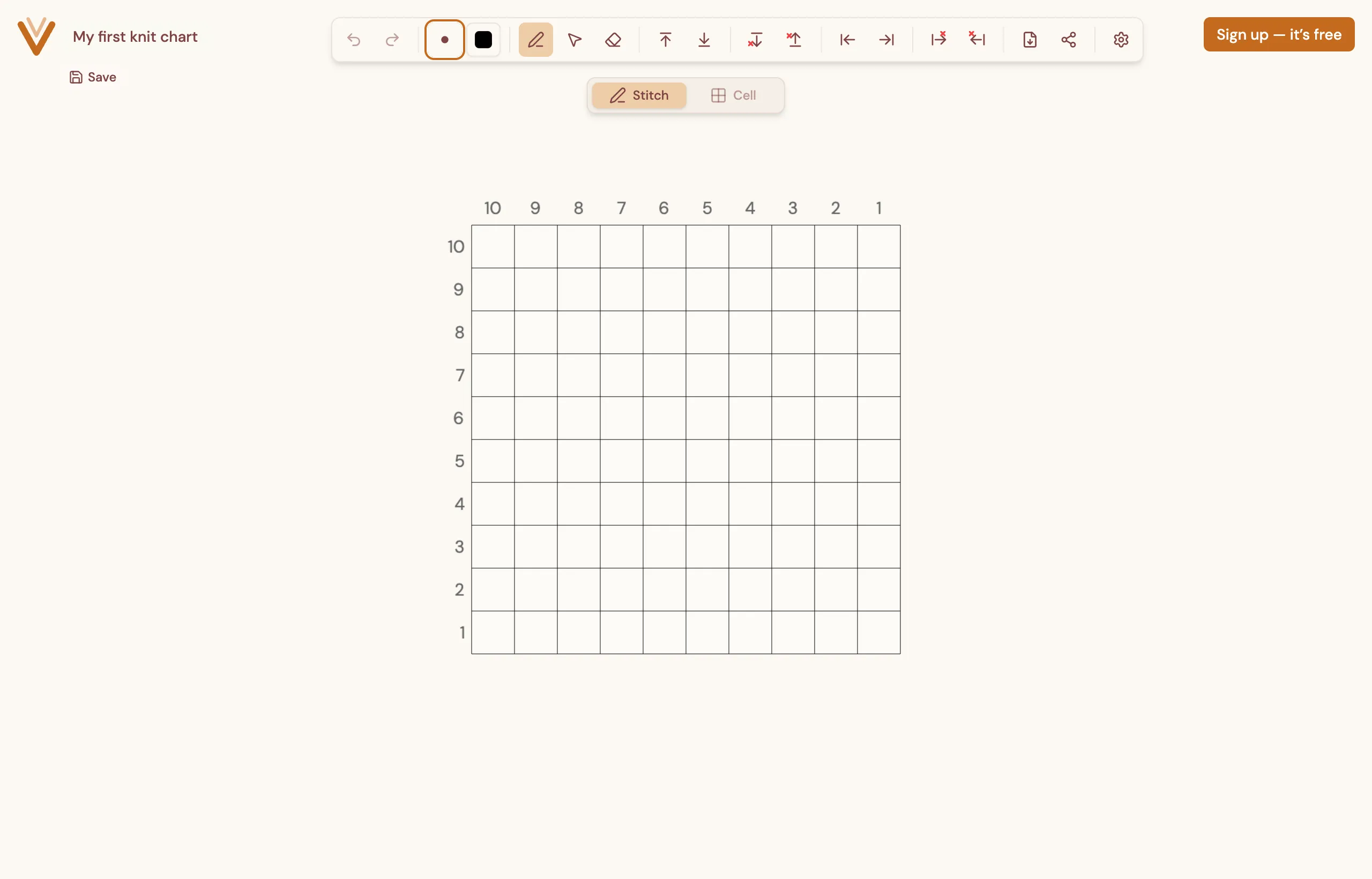 The grid editor showing a numbered 10 by 10 knitting chart grid.