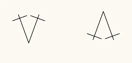 An increase (two stitches sharing one base) on the left and a decrease (two stitches sharing one top) on the right.
