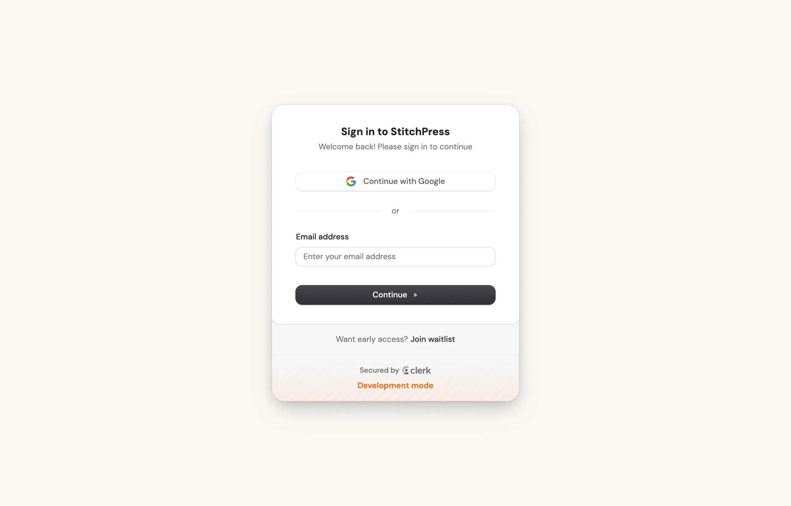 The StitchPress sign-in page, offering “Continue with Google” and an email address field.