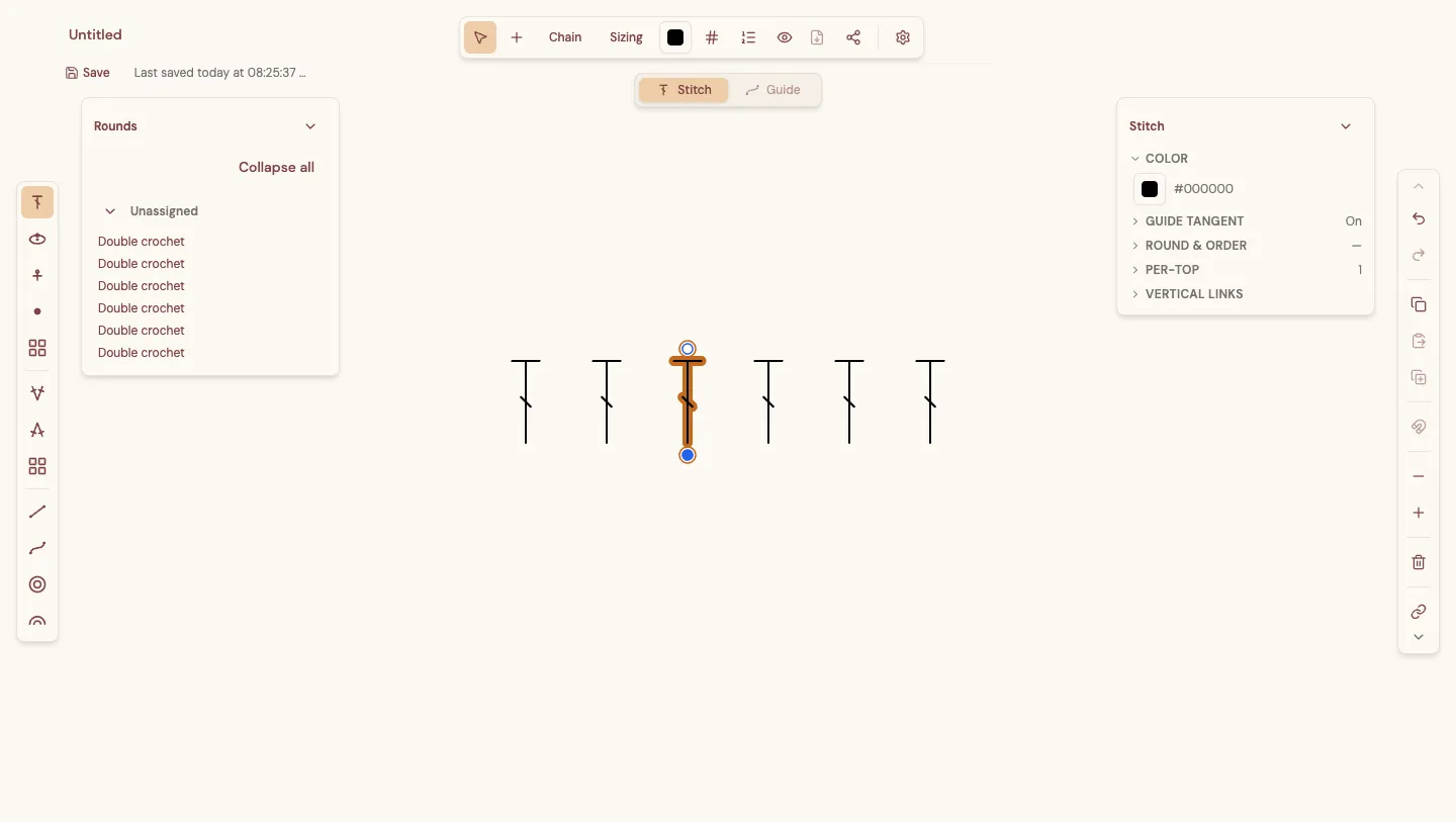 The crochet editor workspace: the stitch rail on the left, the toolbar across the top, a diagram on the canvas with one stitch selected, and the inspector on the right.