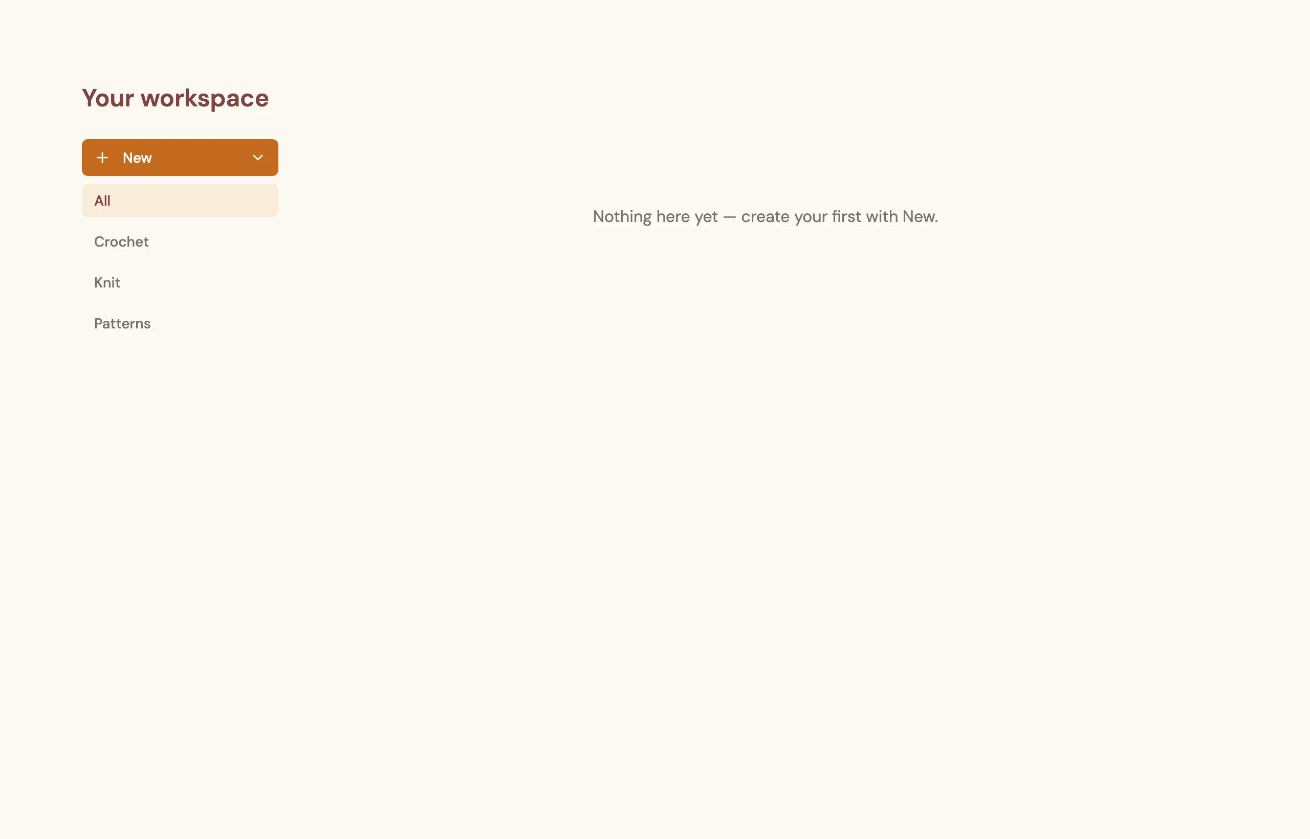 Your workspace home screen with a New button and Crochet, Knit, and Patterns categories.